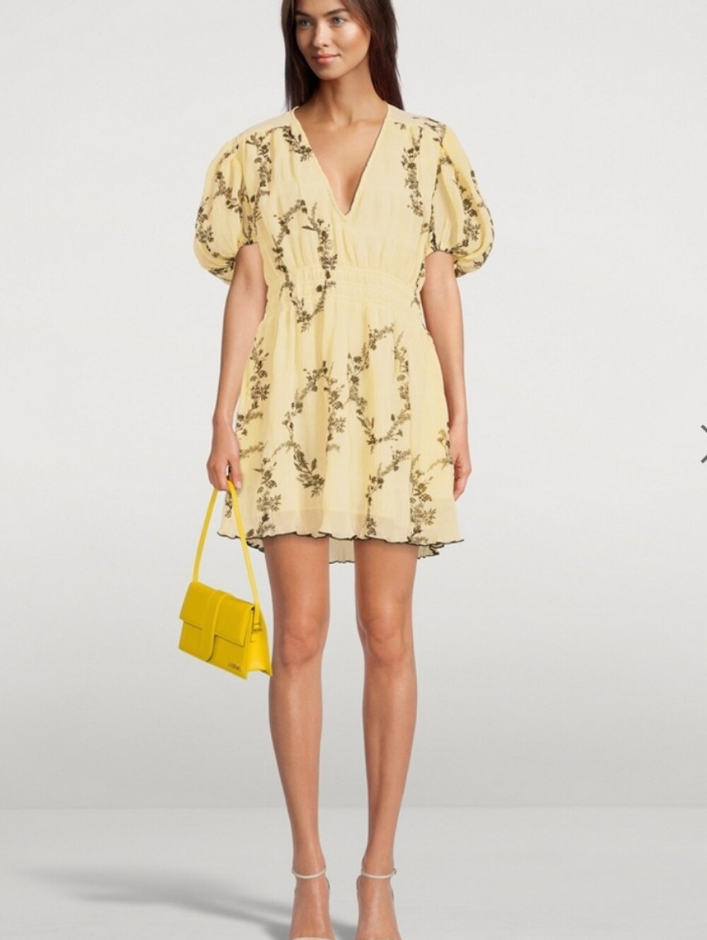 Women's Dress - Ganni Yellow Pleated Mini Dress With Happy Face & Logo Size 38